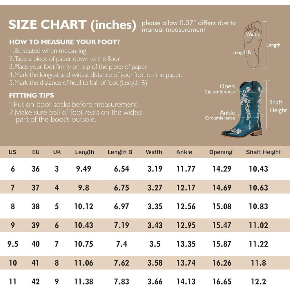 SheSole Womens Blue Floral Square Toe Cowboy Boots Cowgirl Boots Wide Calf - Picture 9 of 9